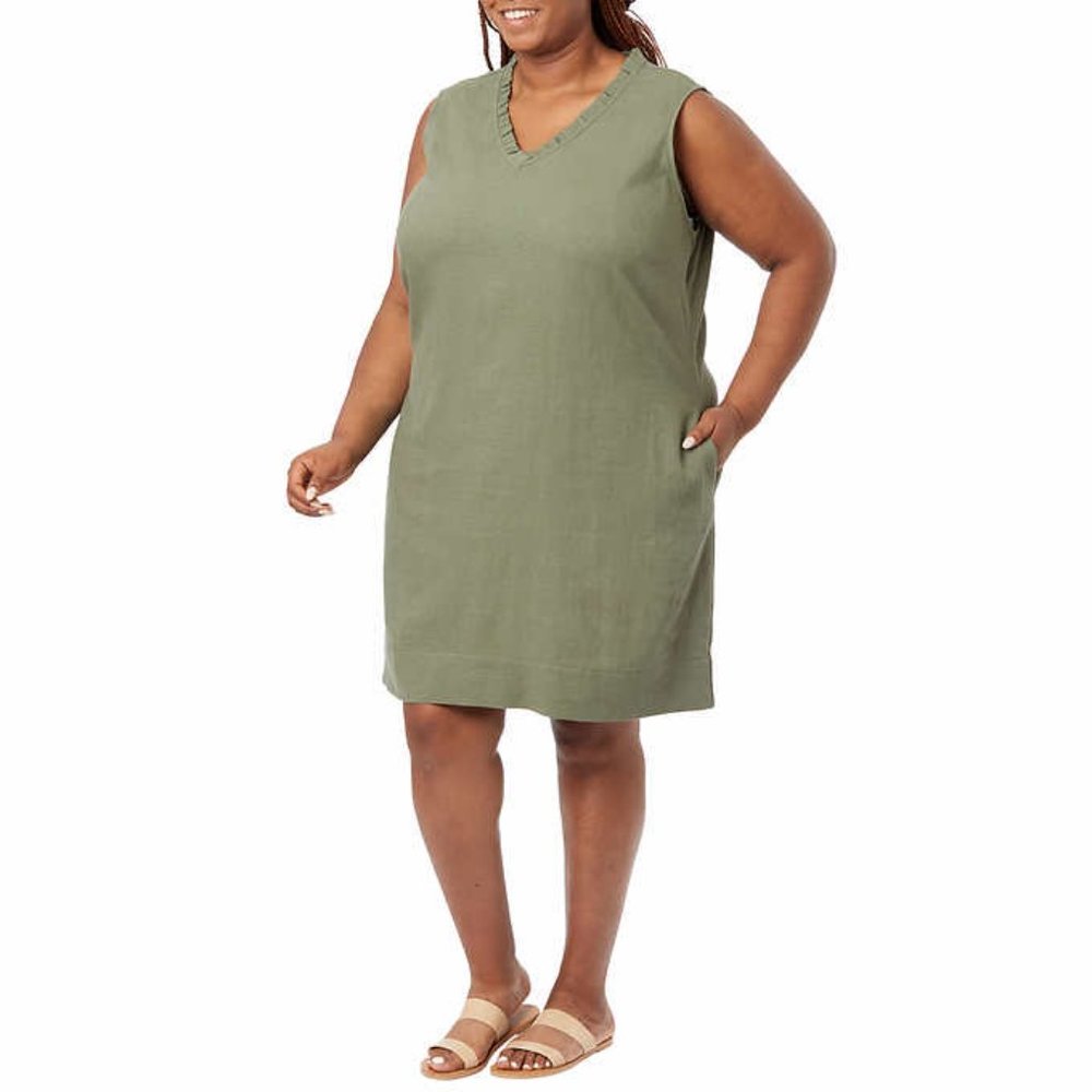 Briggs Ladies' Ruffle V-Neck Linen Blend Dress - Green - Picture 4 of 4